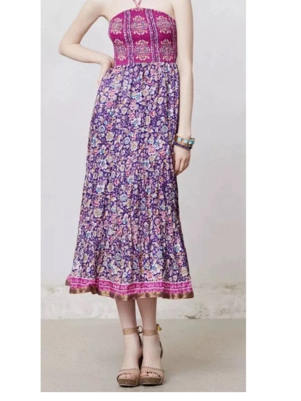 Anthropologie Maeve Daleka Silk Purple Floral Bohemian Midi Dress XS